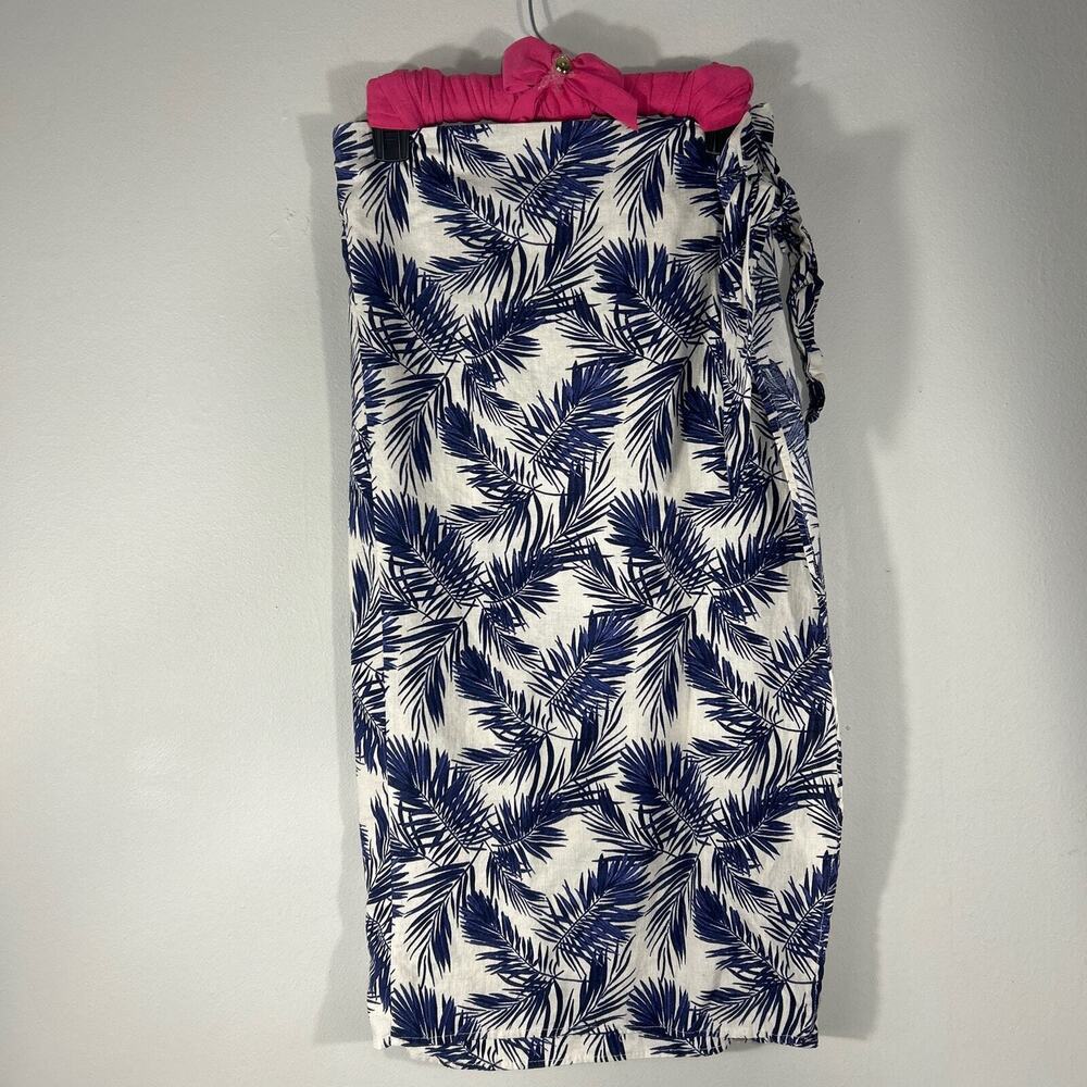Panama Jack Linen Blend Wrap Skirt Blue White Tropical Leaves Women Size S